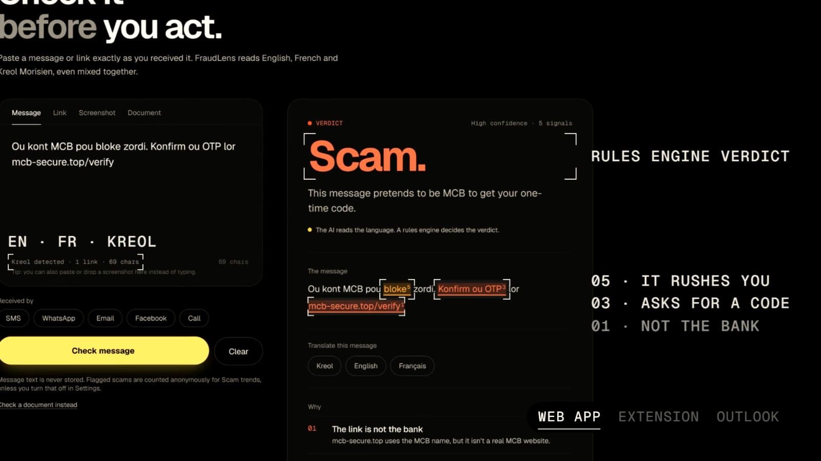 FraudLens flagging a Kreol message pretending to be from MCB as a scam, highlighting the urgent wording, the request for a one-time code and the fake link